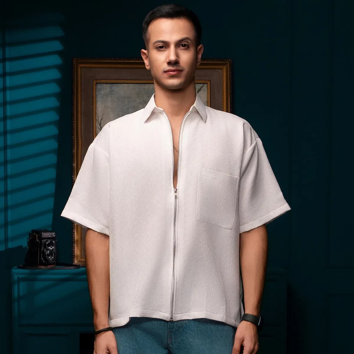 HUSO Textured Zip Shirt – Super White new