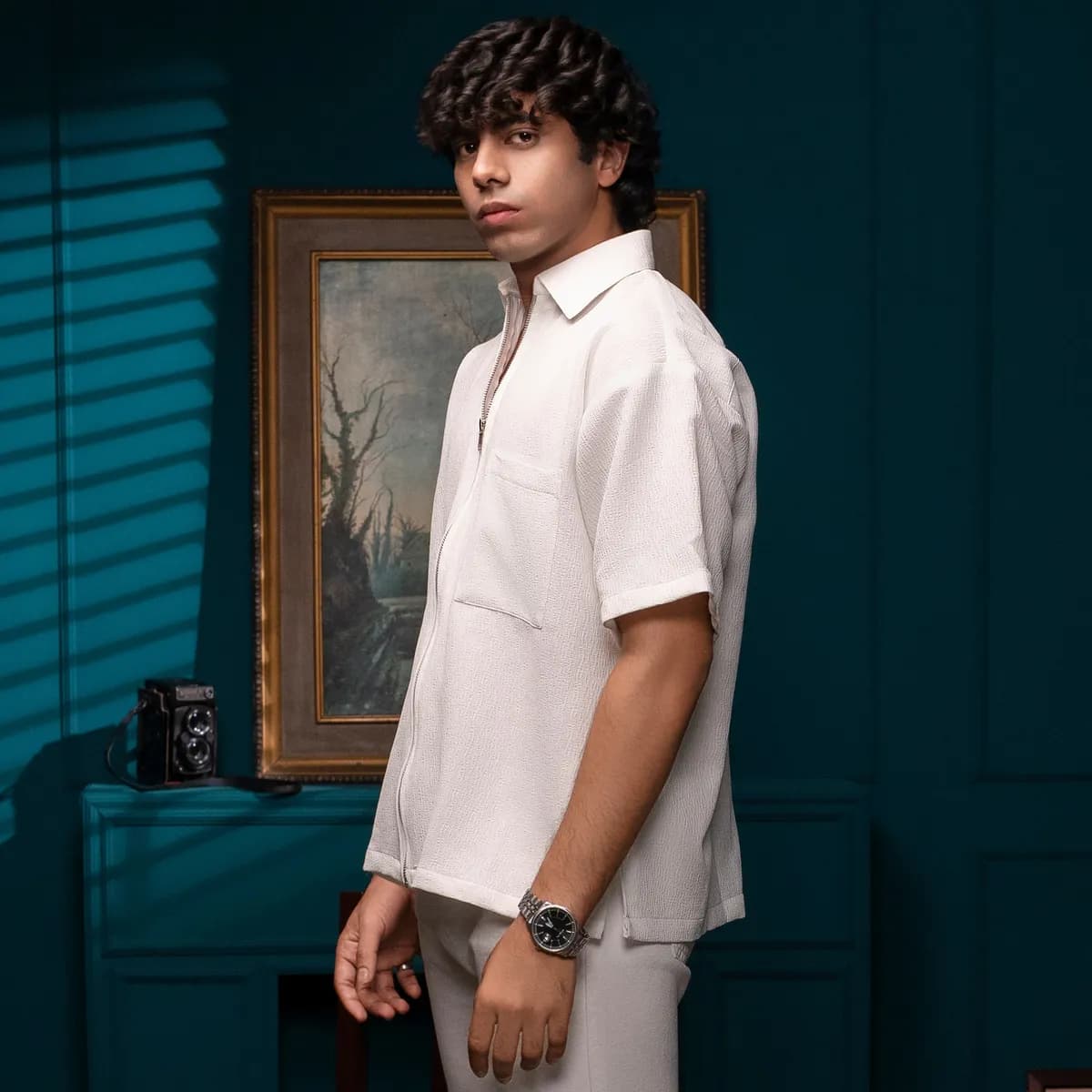 HUSO Textured Zip Shirt – Super White new, product view 4