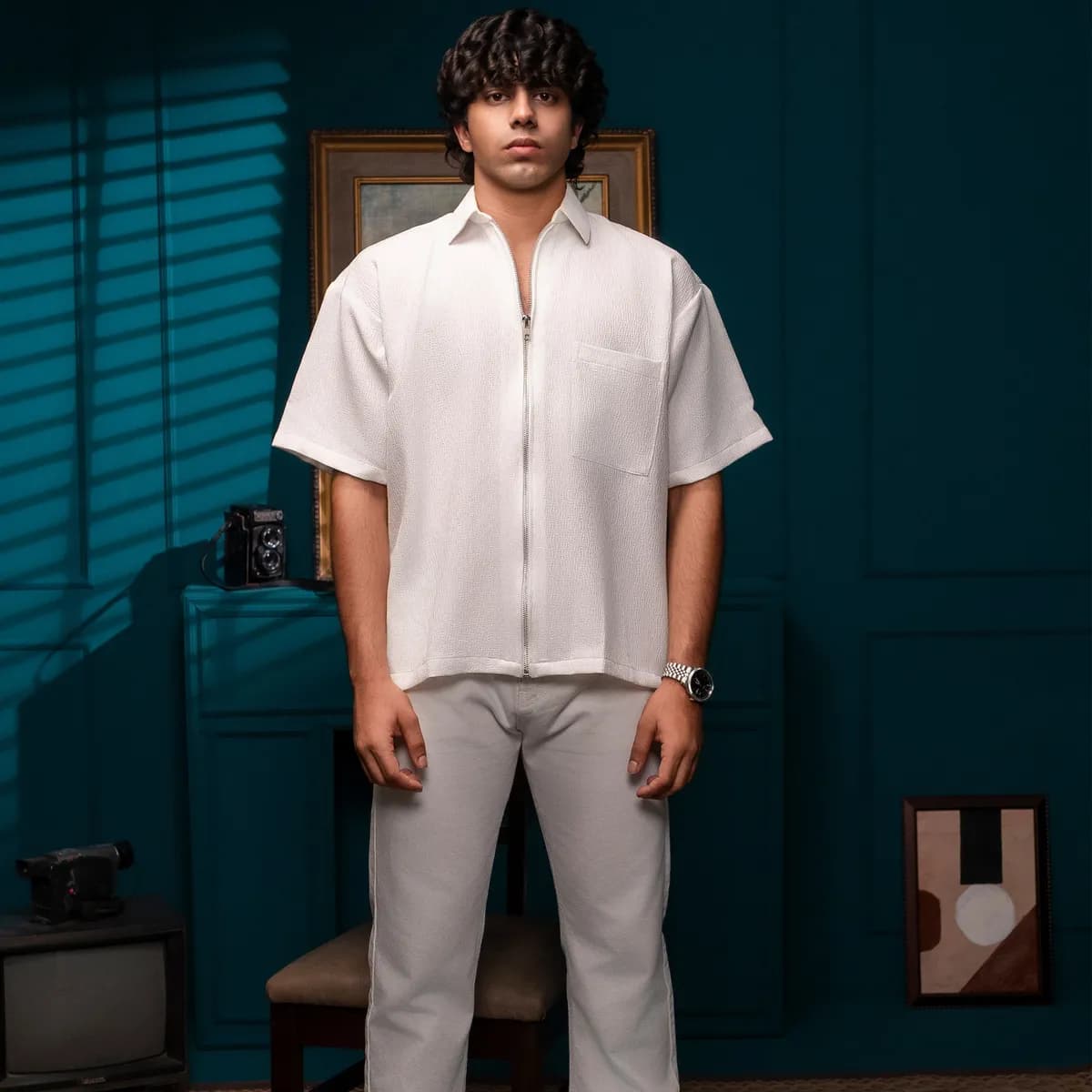 HUSO Textured Zip Shirt – Super White new, product view 5